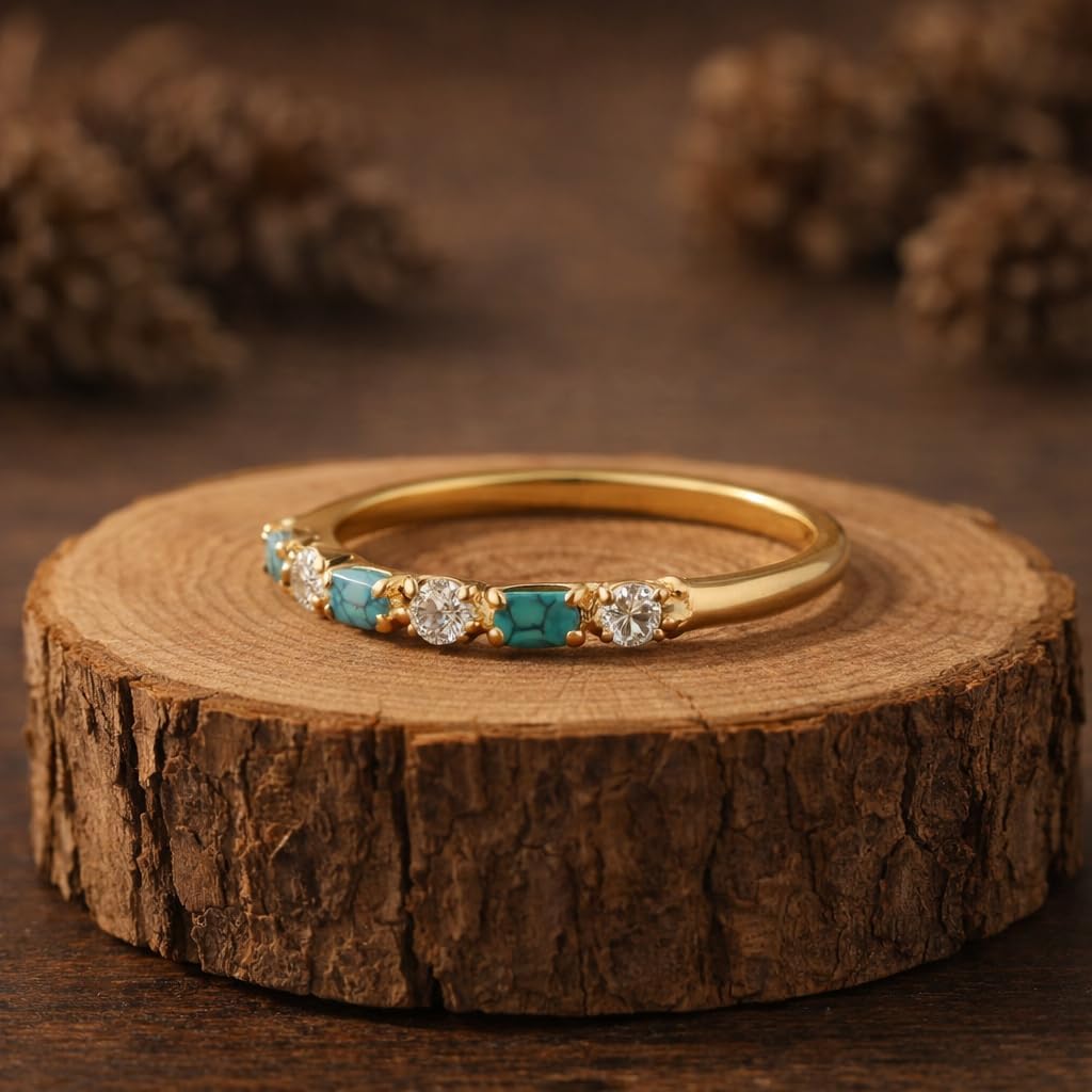 14K Gold Turquoise Diamond Stacking Ring for Women Dainty Blue Gemstone Wedding Band Minimalist Half Eternity Anniversary Jewelry Gift for Her