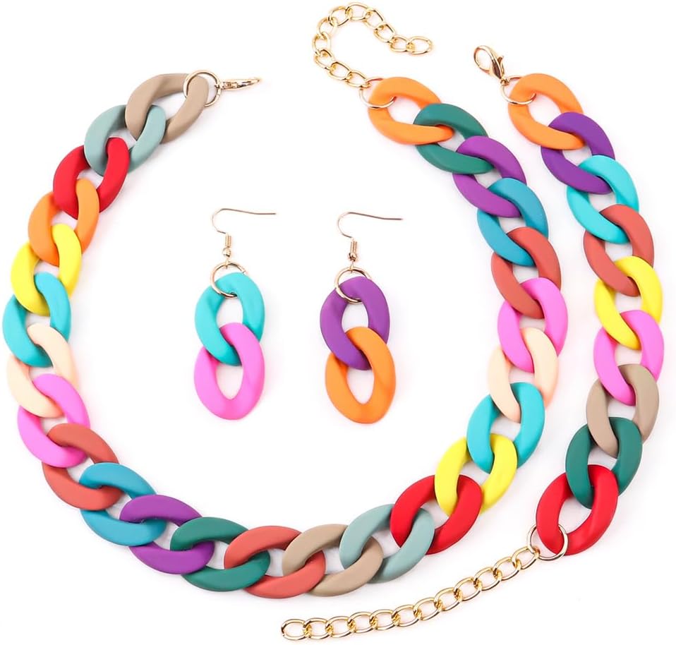 Macaron Multicolor Chunky Necklace Earring Bracelet Set Acrylic Beads Retro Costume Jewelry for Women Hip Hop Punk Choker Link Chain Collar Bohemian Exaggerated 80S Statement Strand Dress Accessories