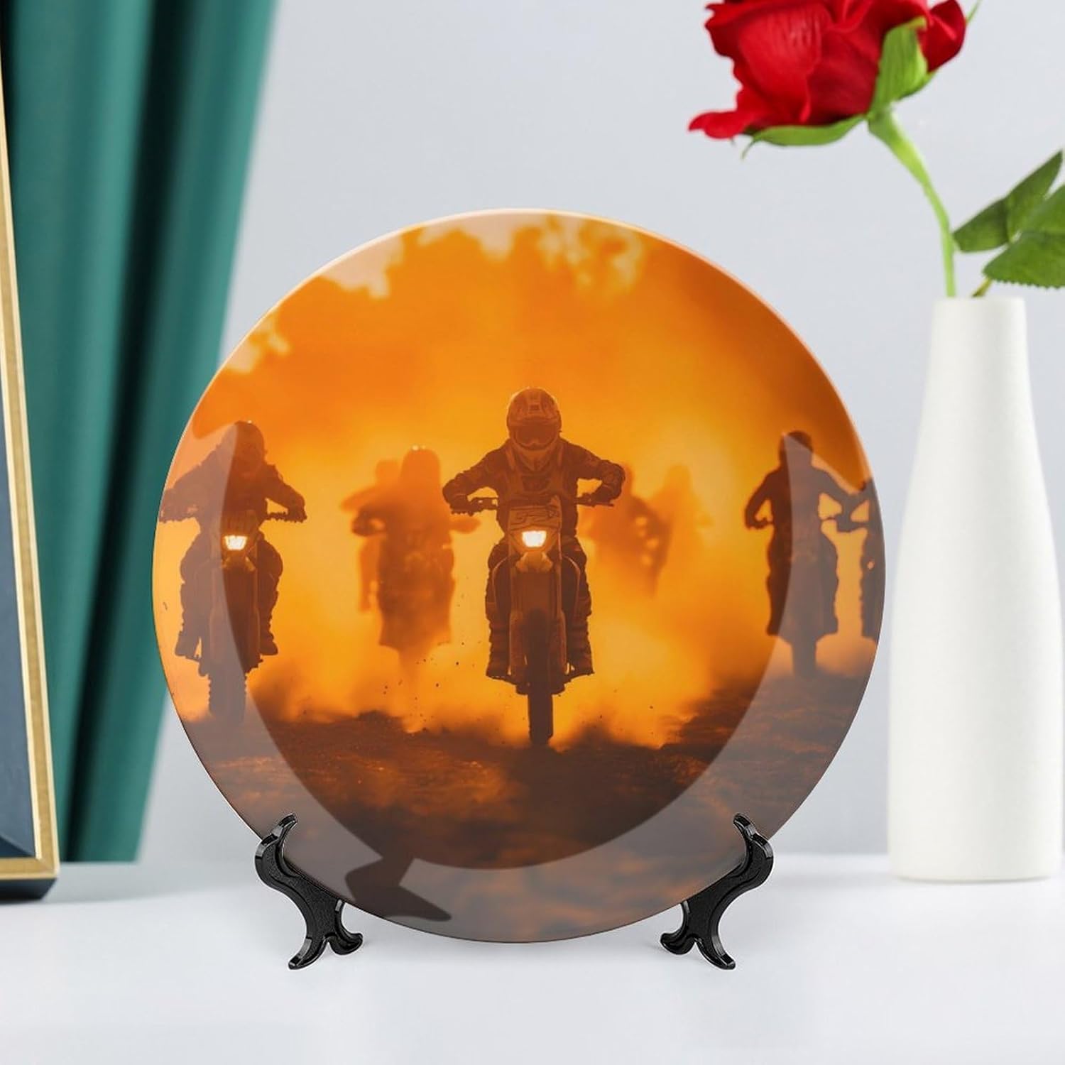 Dirt Motorbike Motorcycle Racing Sports Novelty Decorative Plate with Display Stand Ceramic Ornament Hanging Wall Decor