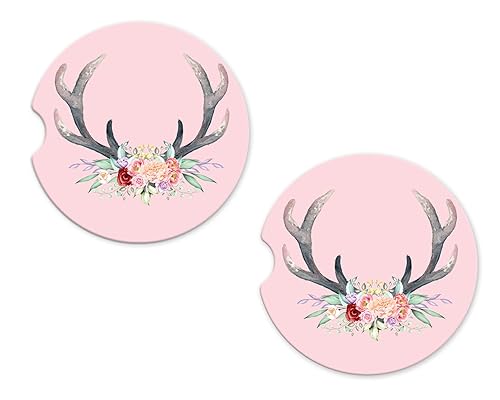 TheSpottedZebras Absorbent Car Coasters 2 Pack for Cup Holders 256 Ceramic Stone Non-Scratch Cork Base Drink Coasters Floral Antlers
