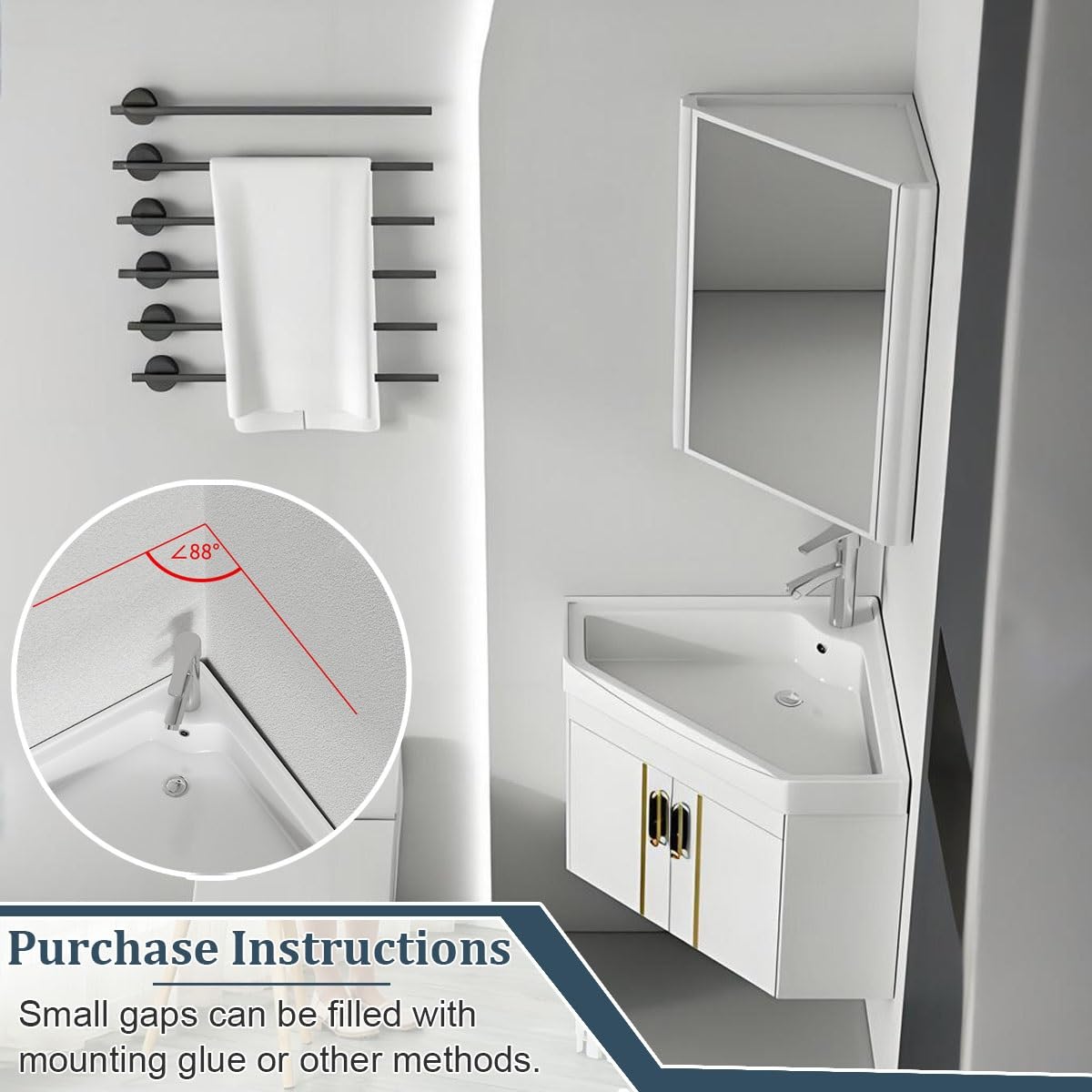 Mueble de baño de esquina suspendido con lavabo, espejo, grifo y accesorios, ahorro de espacio para baños pequeños(White,48cm/18.8in)