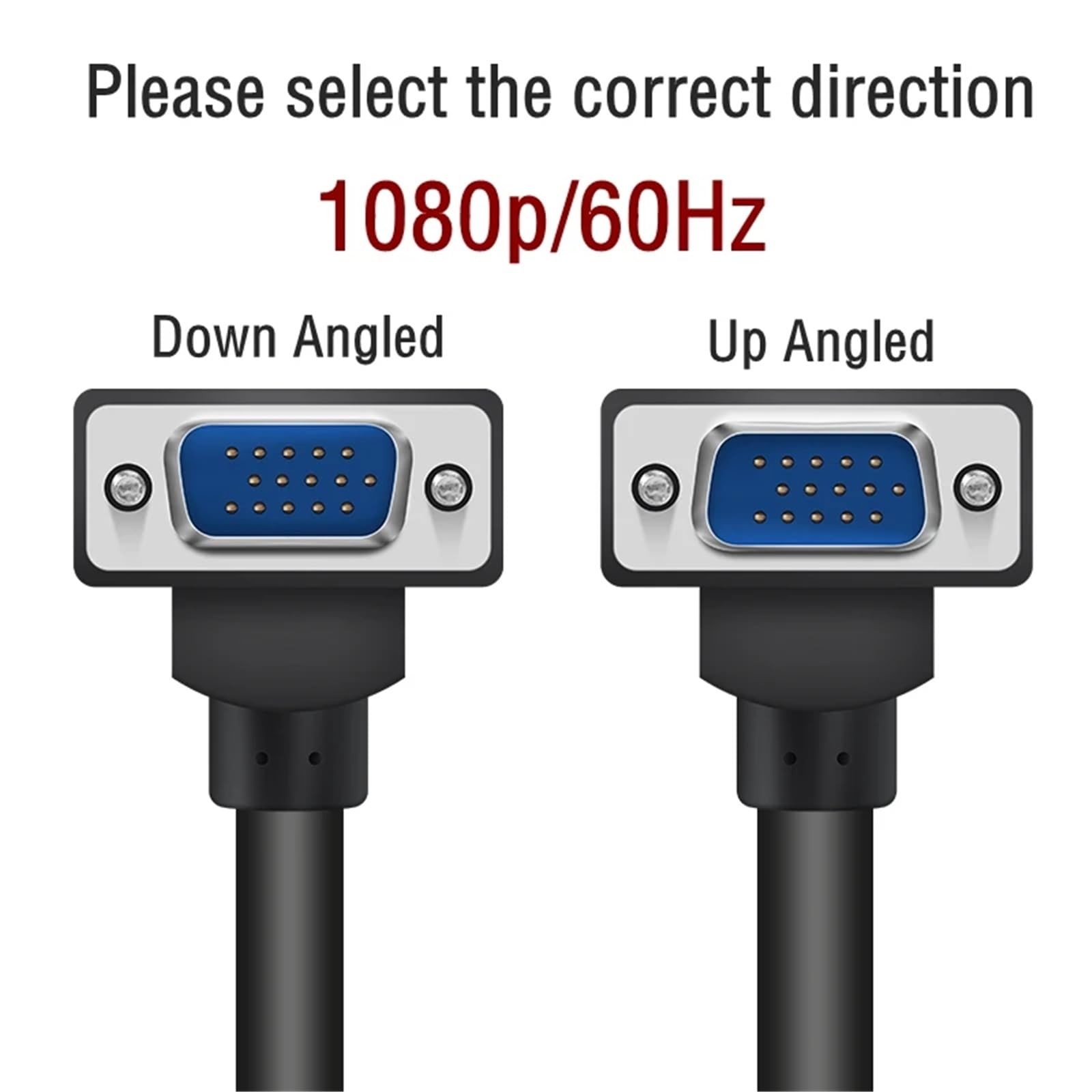 Kabel VGA 1080p do monitora komputerowego, standardowe złącze 15-pinowe, prawy kąt w lewo w górę w dół, męski kabel SVGA do komputera stacjonarnego (Up Angled, 1,5 m)
