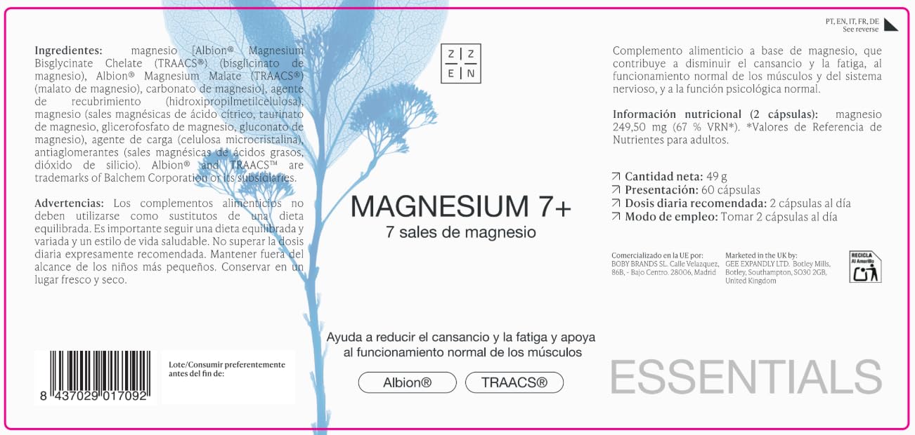 ZZEN - Magnesium Komplex 7+ 249 mg mit Bisglycinat, Malat, Citrat, Carbonat, Taurat, Glycerophosphat und Gluconat, 60 Vegane Kapseln und Glutenfrei, Hochdosiertes Supplement (Set mit 3)
