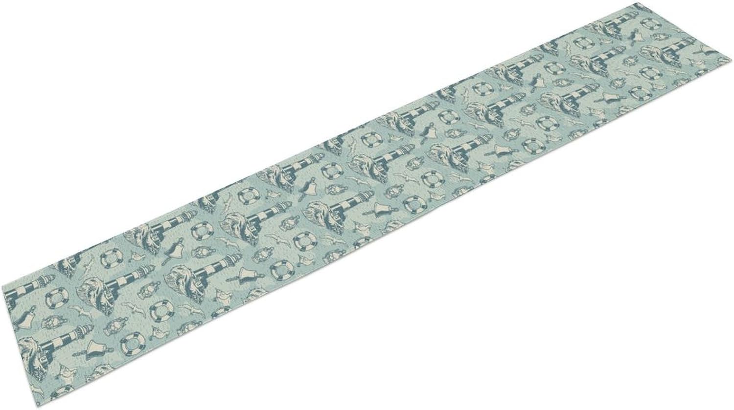 Vintage Navigation Table Runner,Blue Tone Hand Drawn Sailboat Lighthouse Anchor Pattern Table Runner for Coffee Table Dining Room Table Bedroom Party Holiday Decor 13x90inch