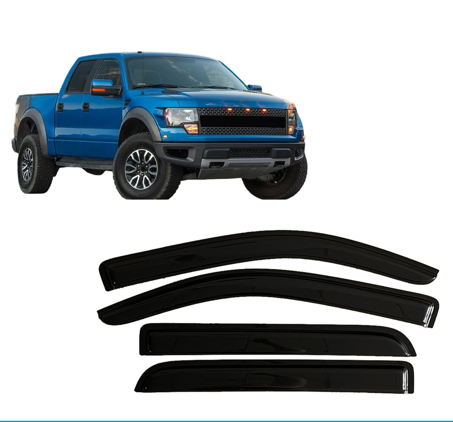 liufangfc Wind Deflectors for FORD F-150 2010-2014 SVT Raptor SuperCrew – 4pc Tape-On Smoked Visors, Weatherproof, Anti-Salt/Snow, Low-Noise