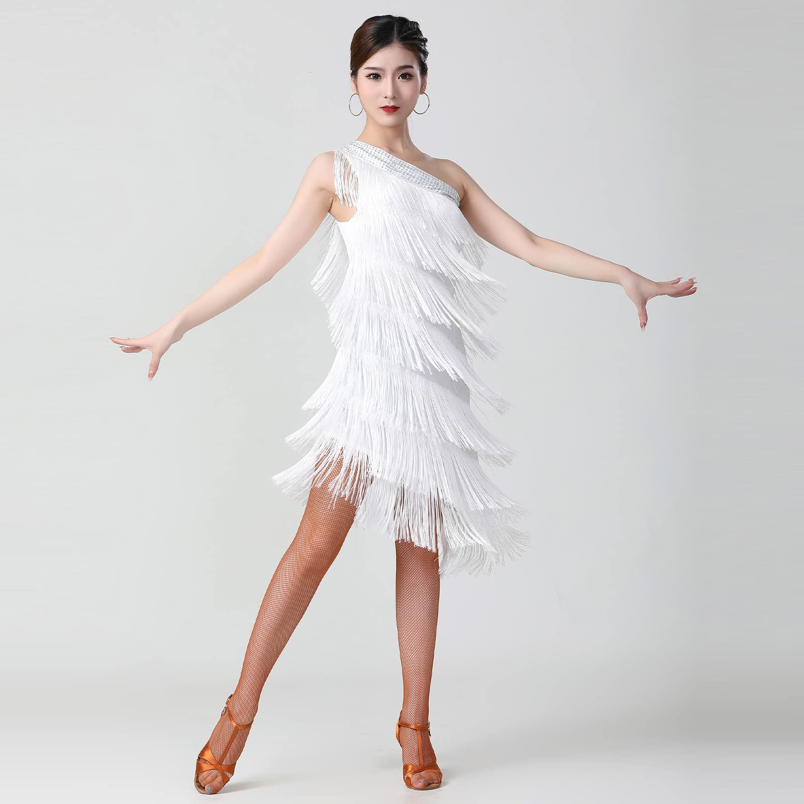 Vestido de lentejuelas con flecos y flecos para mujer, estilo Gatsby, asimétrico, con un hombro descubierto, salsa, baile latino, cóctel, baile
