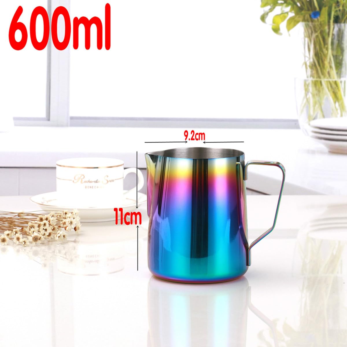 2piezas Jarras de Leche de Acero Inoxidable y Tazas Coloridas para Espumar Leche y Café Uso Hogar Bar Restaurante Fáciles de Limpiar