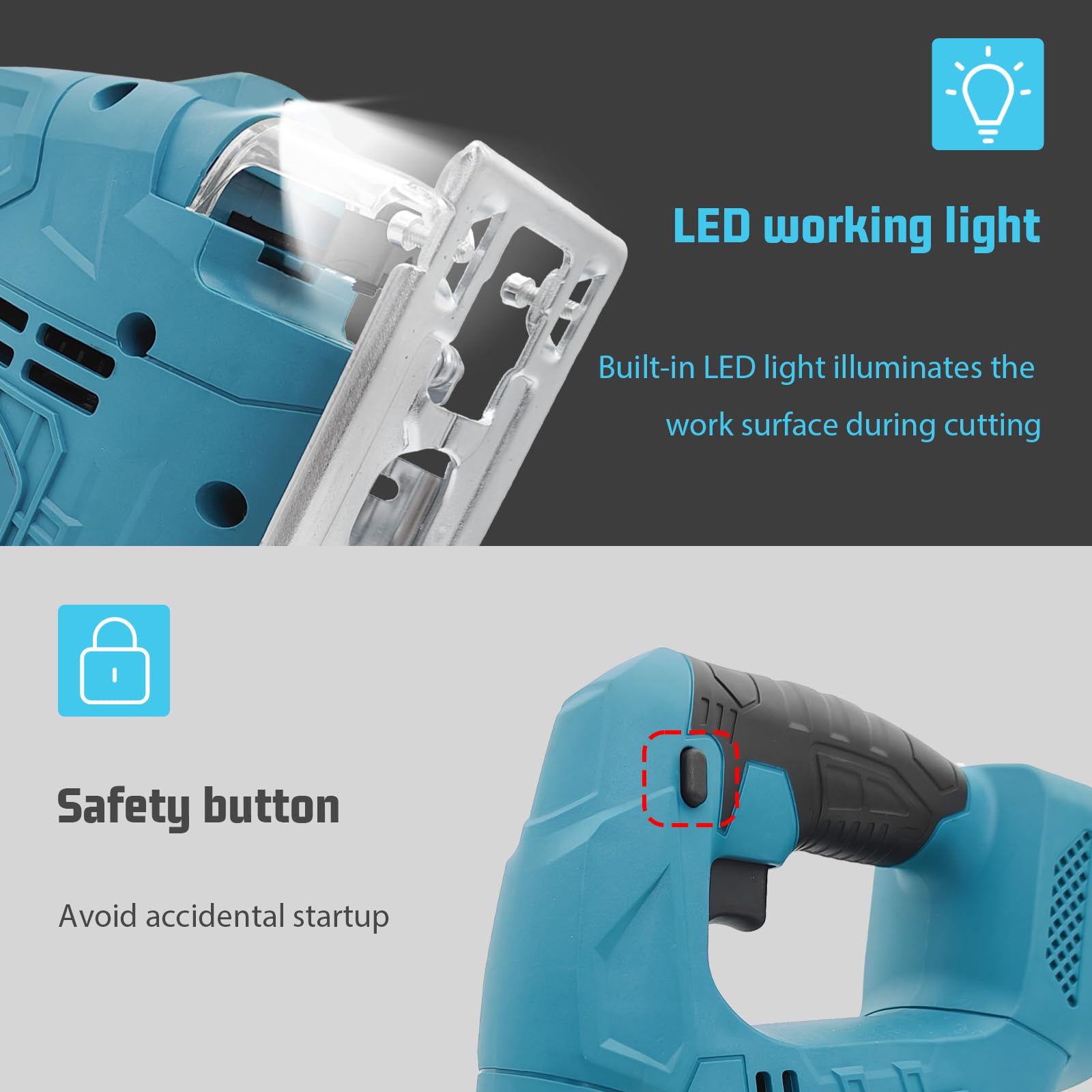 Seghetto alternativo a batteria da 18 V con 2 batterie da 5500 mAh e caricatore: motore potente, velocità variabile, luce LED, funzione di mitrazione (0-45°) e aspirazione della polvere