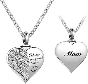 Guardian Angel Wings Cremation Jewelry for Ashes Heart Crystal Urn Necklaces for Ashes Memorial Keepsake Necklace Always on Mind Forever in My Heart
