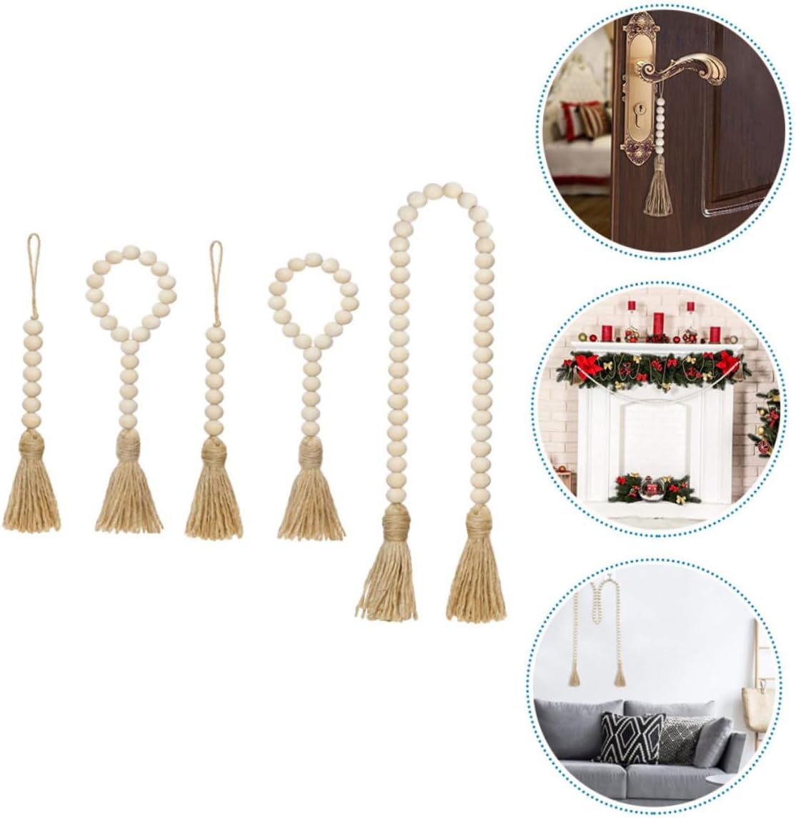 VOSAREA Wood Bead Garland Tassels 5-Piece Bohemian Style Wooden Beads Decor for Wall Hanging Farmhouse Home Decor Rustic Tassel Pendant Decoration