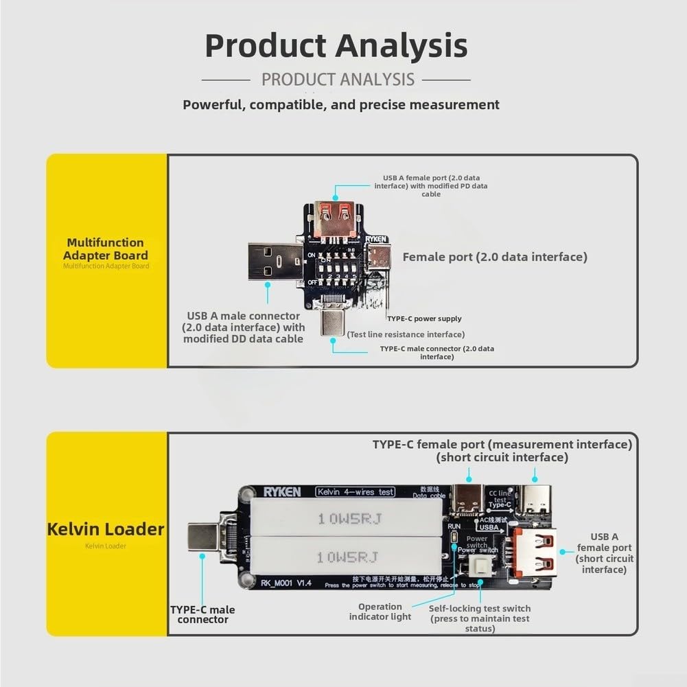 Medidor de voltaje USB RK-X3 M001 con configuración de línea Kelvin de 4 cables optimizado para pruebas de baja resistencia y captura de señal de alimentación USB de alta fidelidad (RK-X3 rojo 48V+