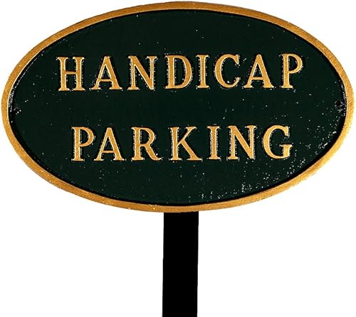 Montague Metal Products SP-16sm-HGG-LS - Placa ovalada para estacionamiento para discapacitados, color verde cazador y oro, con estaca de césped de