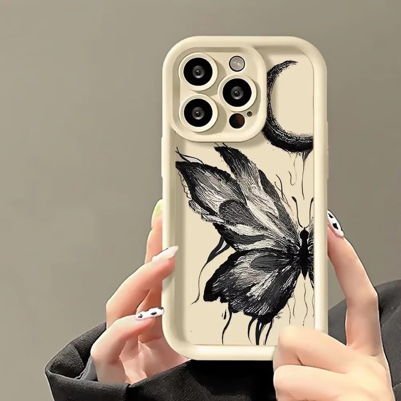 Image of COVERLY Grunge Butterfly Back Case Cover for iPhone 12 Pro | Hot 3D Monochrome Moon Cute Design | Camera Lens Protection | Soft TPU Silicone Aesthetic Print Cover for Girls & Women (Beige, Shockproof)