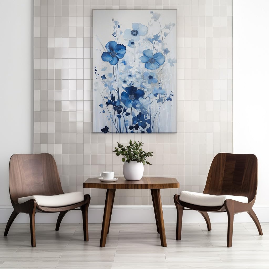 Canvas for Living Room. Blooming Abstracts: A Dance of Blue Blossoms and Blurred Edges, 27 x 18 inch Canvas Wall Art - Contemporary Masterpieces - Modern Home Decor