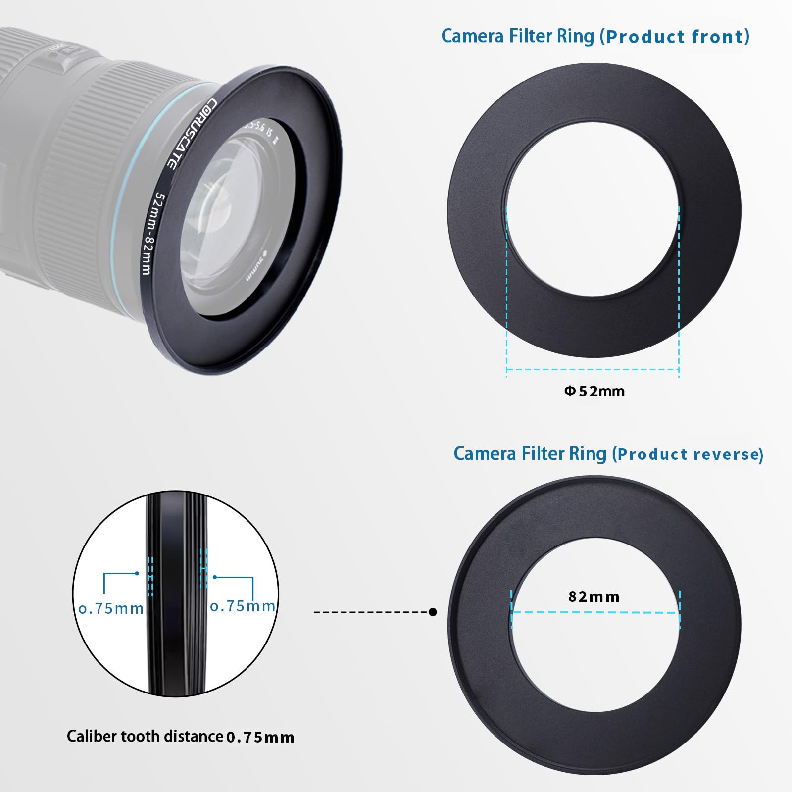 52mm lnes to 82mm Camera Lens Adapter,Camera Step-Up Ring Filter,Change The Filter or Lens Size from 52mm to 82mm.Compatible All 82mm Thread Filter Accessory+Lens Cleaning Cloth - Image 3