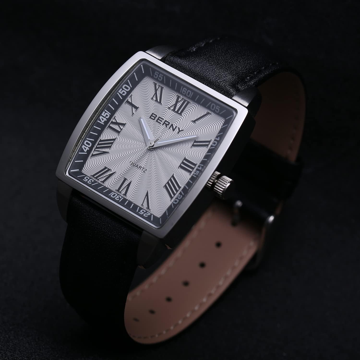 BERNY Classic Men's Watches Rectangular Stainless Steel Watch Genuine Leather Strap Watch Roman Numeral Luxury Wristwatch Analog Display Japanese Quartz Tank Watch Grey