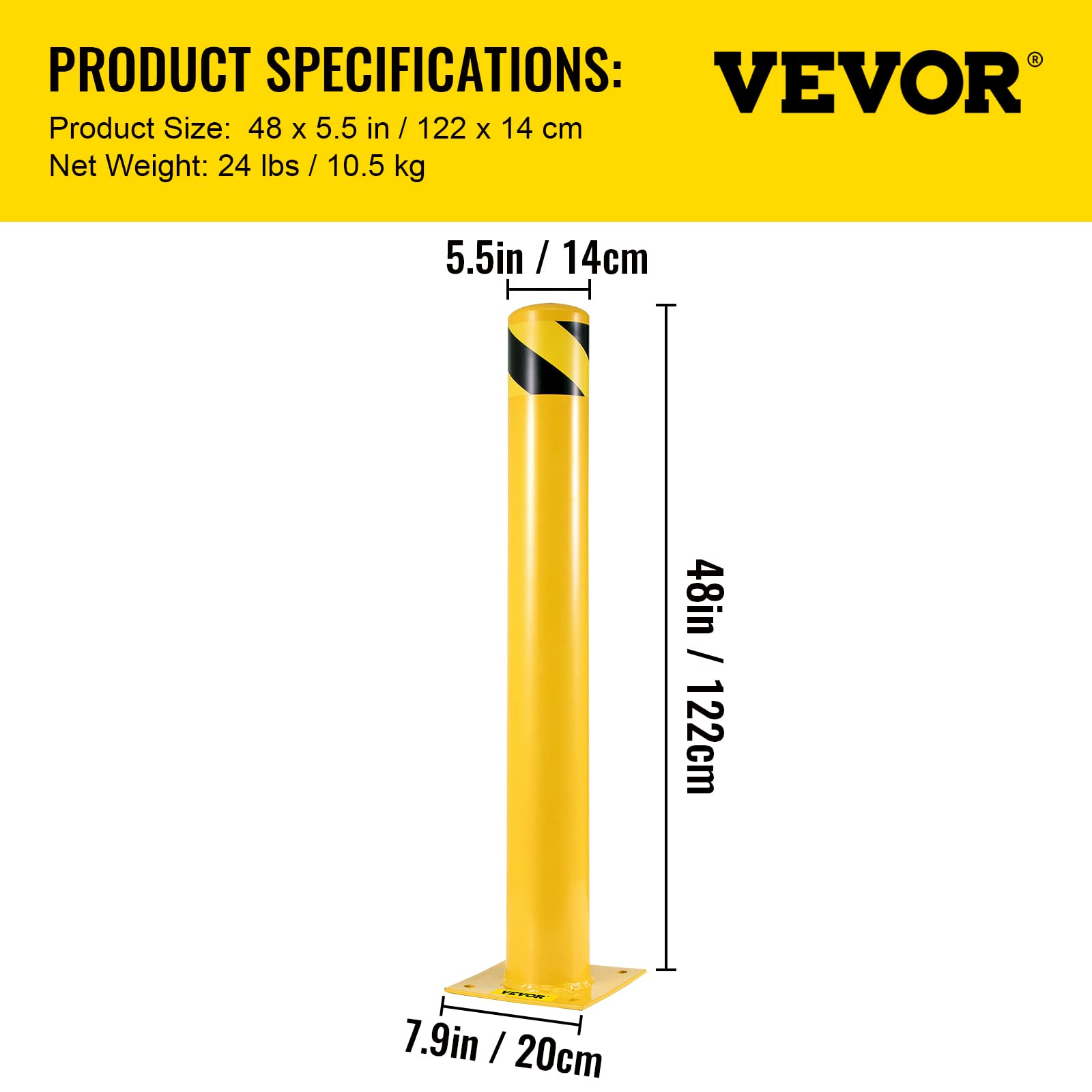 VEVOR Bolardo de Seguridad Metal 121.9 CM de Altura Bolardo de Acero Amarillo Tráfico Bolardo de Tubo de Acero para Seguridad del Tráfico para Aparcamiento, Peatones, Escuelas