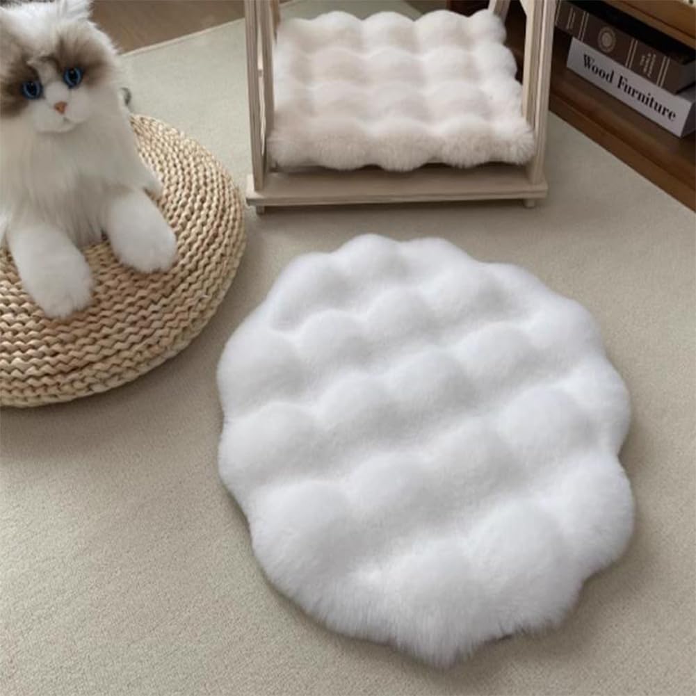 Self Warming Cat Bed Mat, Round Faux Fur Pet Cushion Pad, Non-slip Washable Thermal Blanket For Indoor Cats Kittens Puppies, 30cm White 17.7in Round