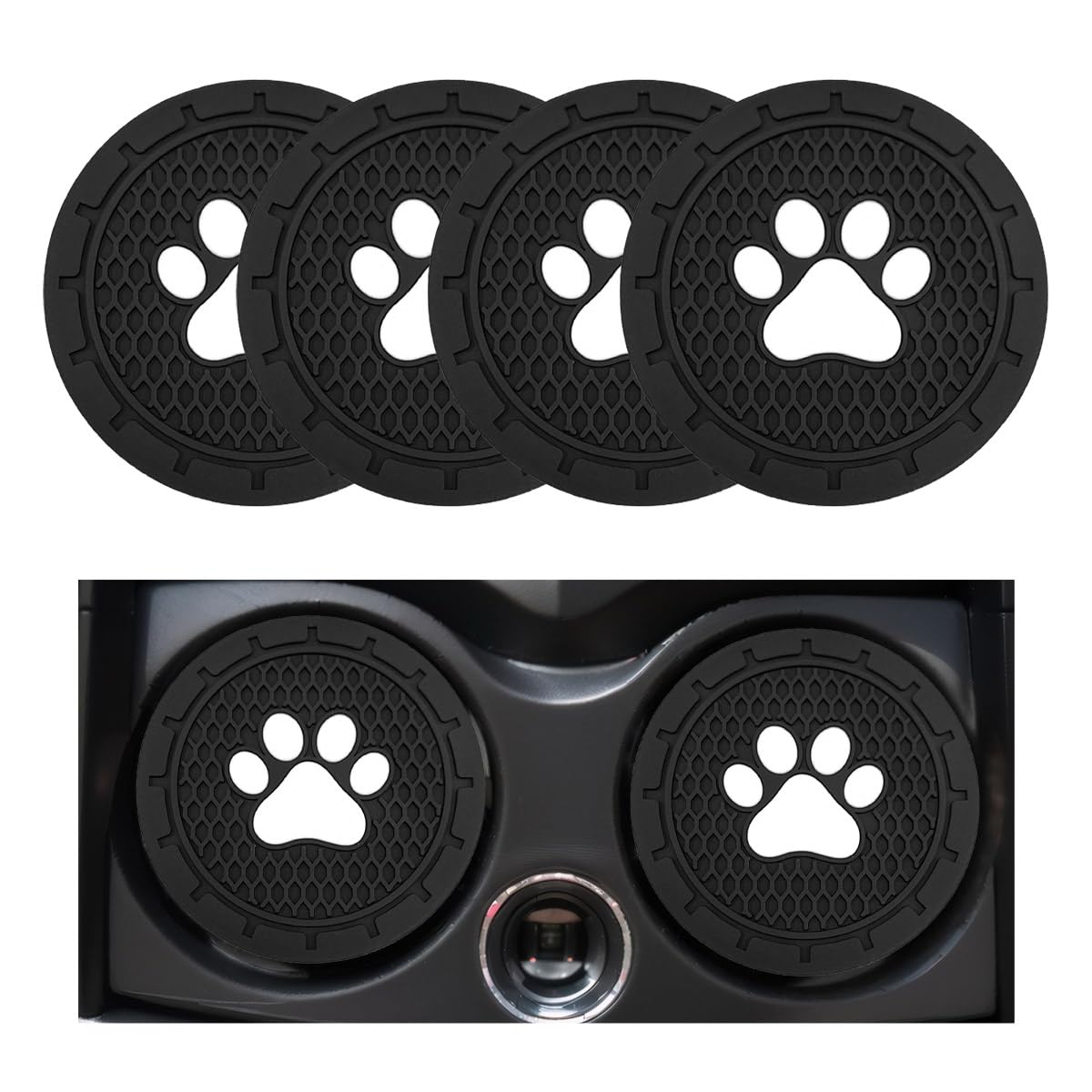 4 PCS Car Cup Holder Coaster, 2.75 inch Cute Paw Auto Drink Mat for Women Men, Anti-Slip No Scratch Cup Holder Insert Coasters, Universal Interior Decor Car Accessories (Black)