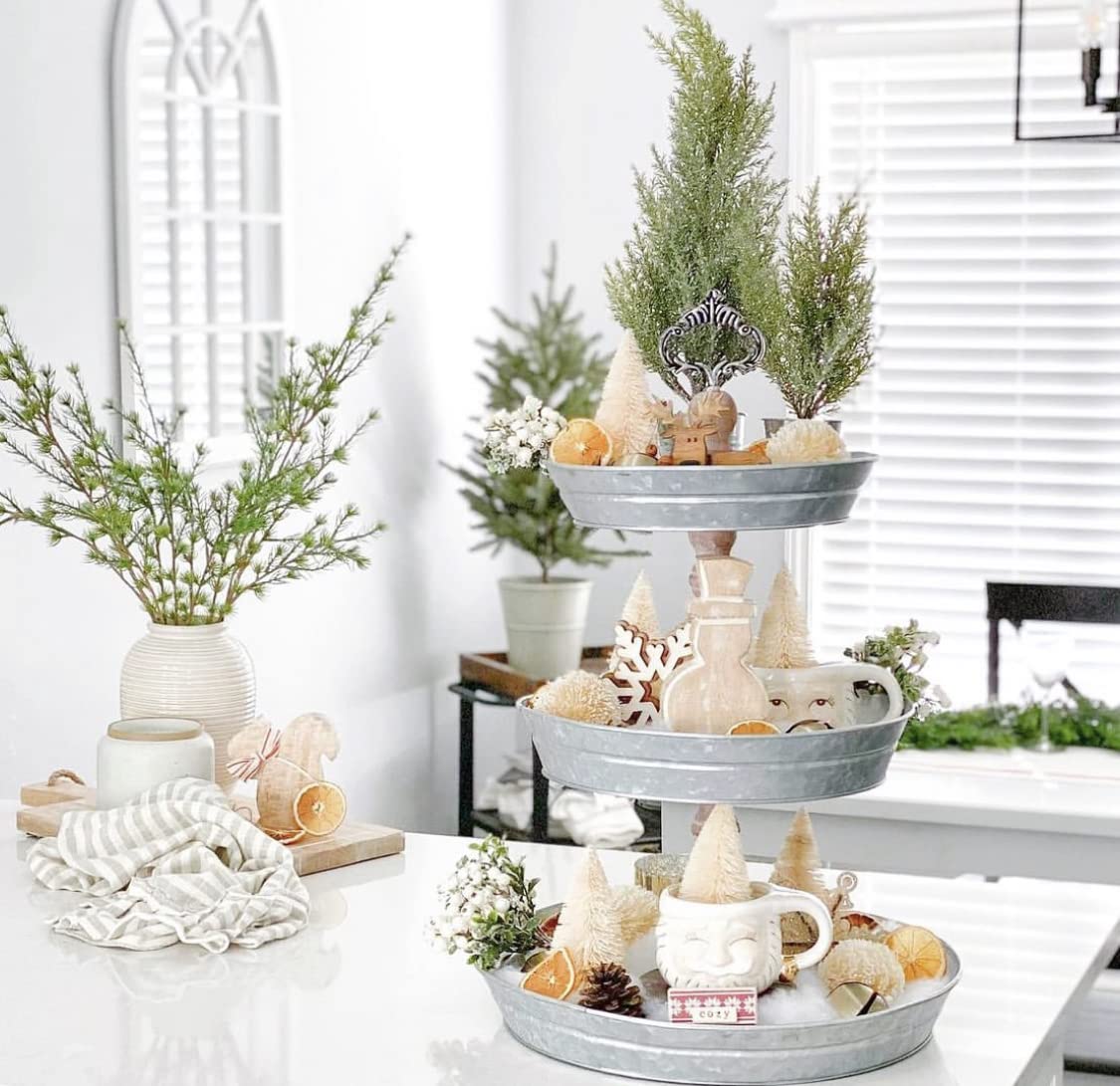 3 Tier Round Serving Tray by Felt Creative Home Goods - Decorative Rustic Farmhouse Galvanized Metal Three Tiered Serving Stand with Wooden Dowels and Handle for Kitchen and Dining Room Decor