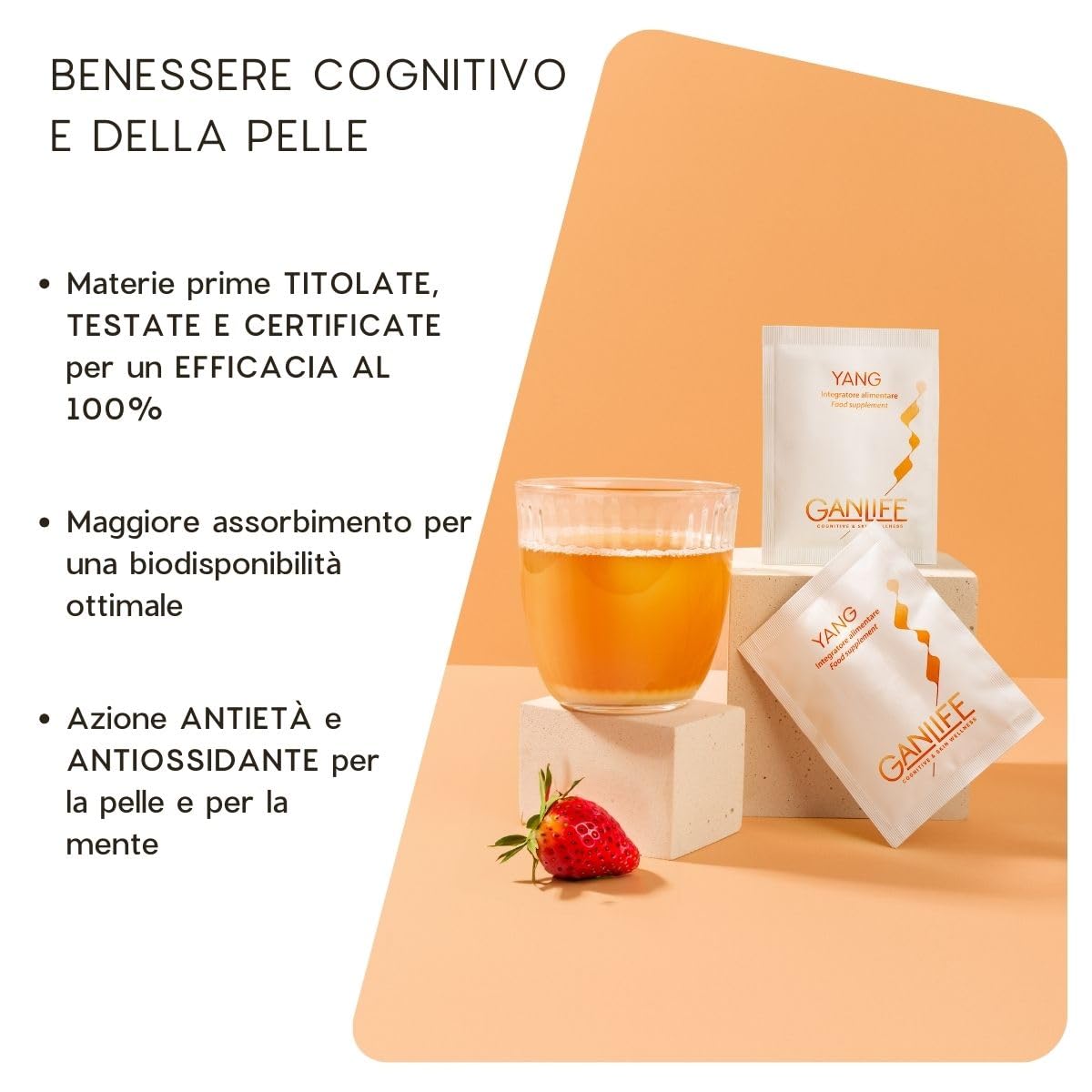 Yang, Integratore Alimentare Con Collagene Marino 5 gr e Antiossidanti, per Buon Umore, Con Polidatina, Zafferano, Melissa, Carnitina e Vit. C, 14 Bustine da 10gr