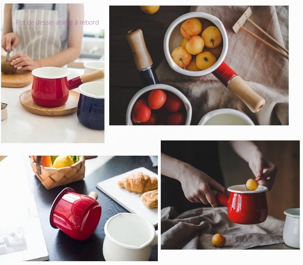 émail Casserole à Lait, Beurre de Mini Warmer 10 cm en émail Casserole Cuisine Poêle avec poignée en Bois, Taille Parfaite pour Chauffage Petit Liquide portions. Rouge…