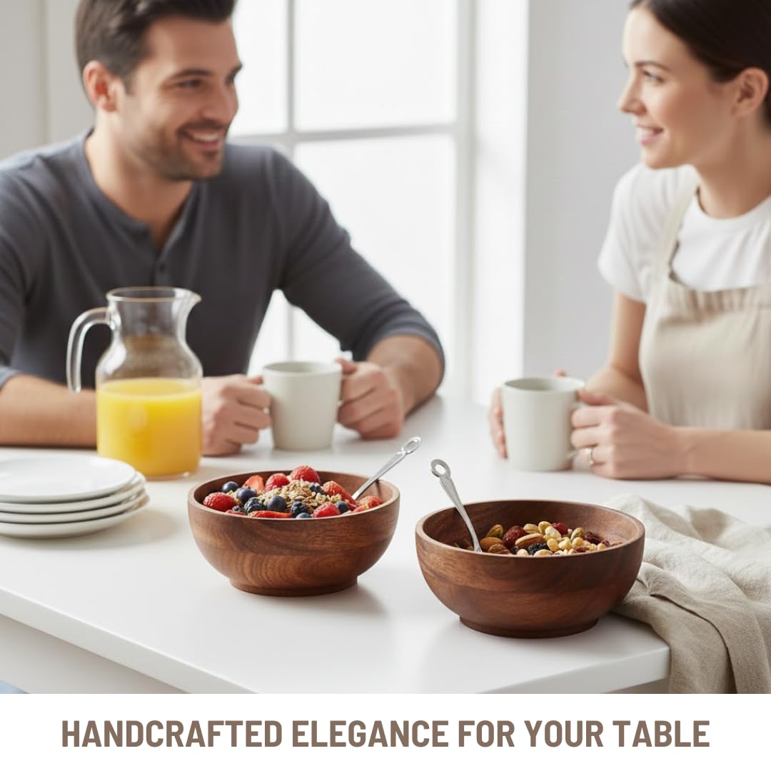 SAAGA Acacia Wood Round Bowl Set of 2 | 5 x 2.25 Inch Natural Wooden Serving Bowls for Soup, Salad, Fruits, Snacks, Dry Fruits, Vegetables & Dessert | Food-Safe Rustic Tableware 2