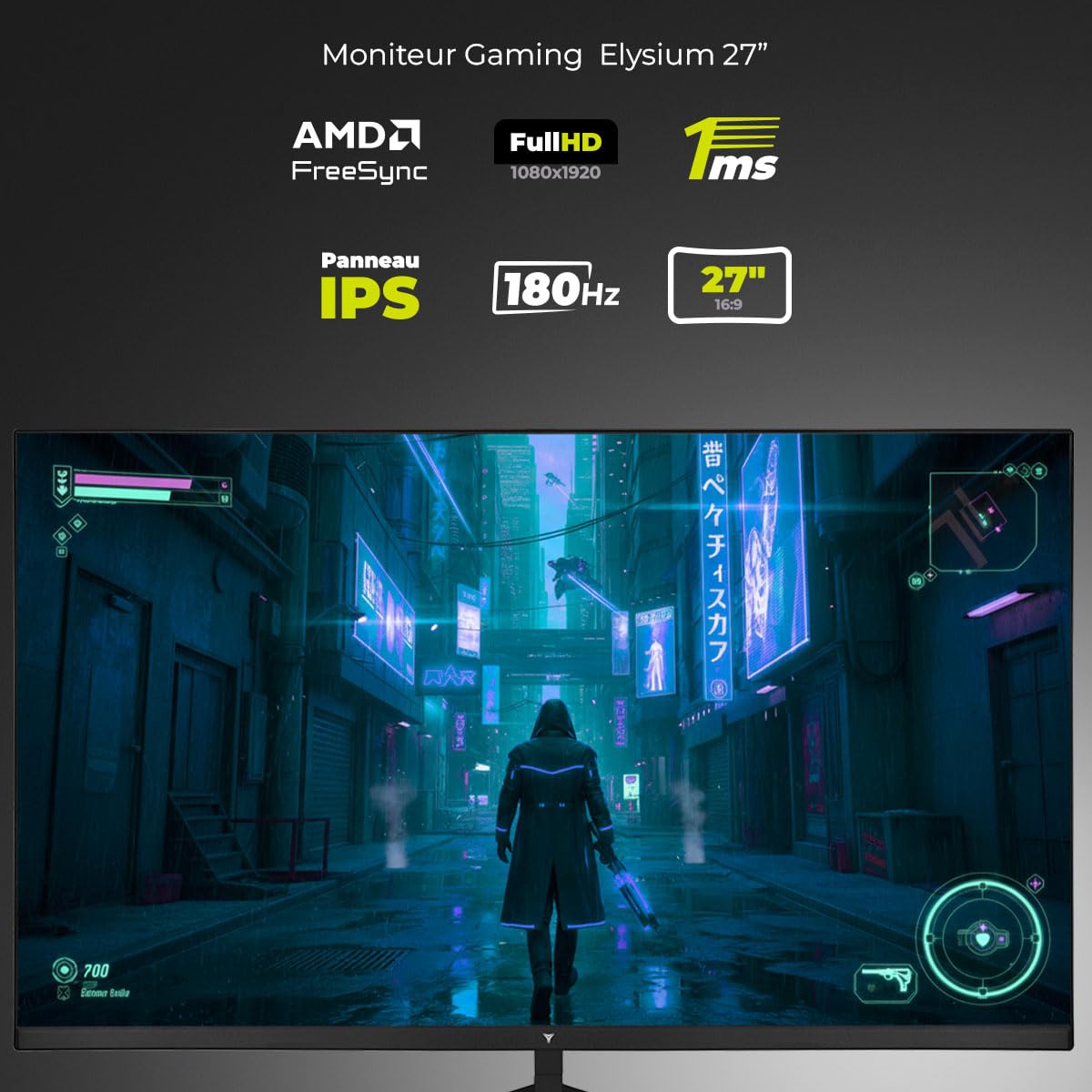 YEYIAN Elysium Écran plat Gaming 27" FHD | 1920 x 1080 | Panneau Fast IPS | View 178° | 1000:1 | 180 Hz | 16:9 | 16,7 m Couleurs | Réponse 1 ms OD | VESA | DisplayPort 1.2 HDMI 1.4 | YMF - IPF27-M1