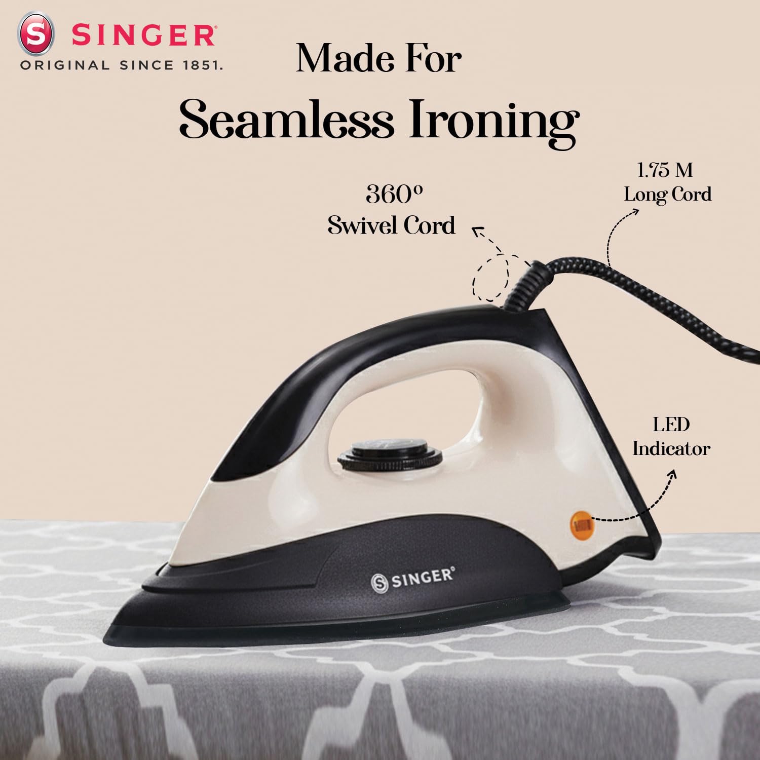 SINGER Auro 1000 Watts Dry Iron | Bigger Sole Plate for Faster Ironing | Uniform Heating with U Shaped Element | Adjustable Temperature Control | 2 Year warranty【 Beige-Black 】