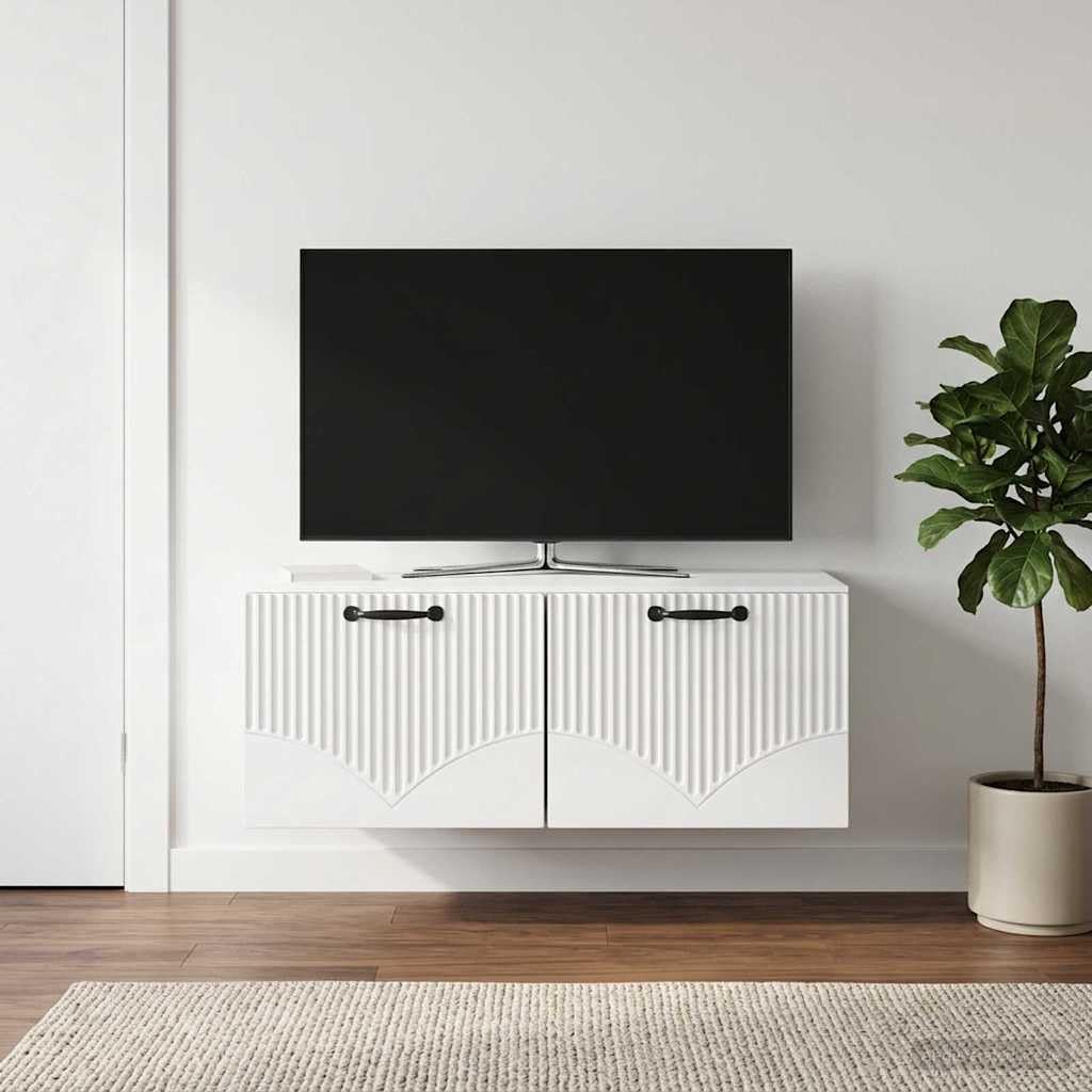 Mobile TV a parete bianco lucido in legno 78,5 x 41 x 30 cm con 2 ante oscillanti a 90° e molto spazio per soggiorno, camera da letto, angolo gaming