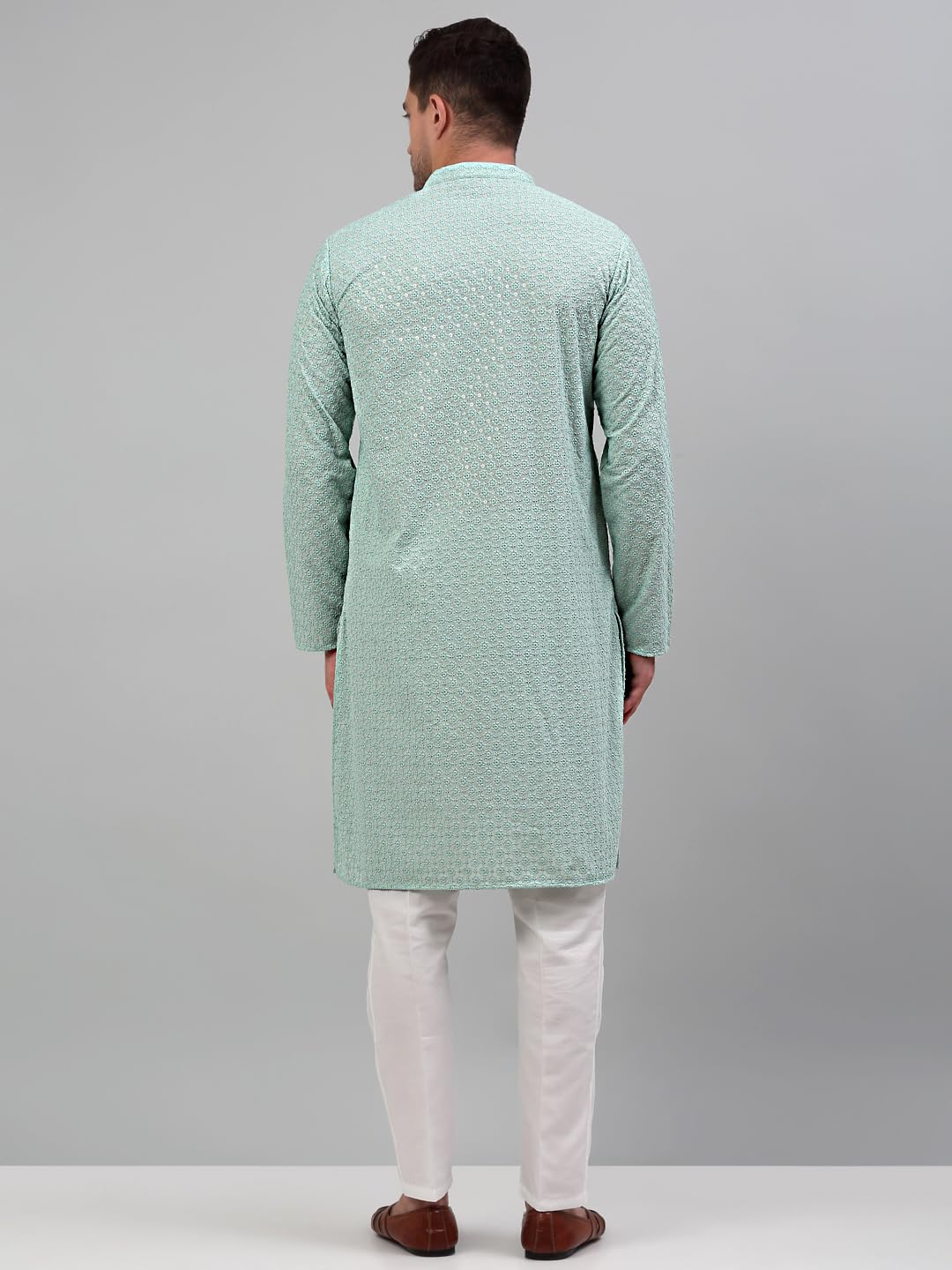 Jompers Men's Chikankari Embroidered And Sequence Kurta With Pyjama (Green, L)