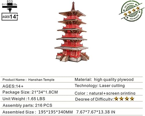 Miniatura 3 de Rompecabezas de madera 3D, modelo de edificios del templo de Hanshan, juguete de bloques de arquitectura de fama mundial, a partir de 15 años, kits