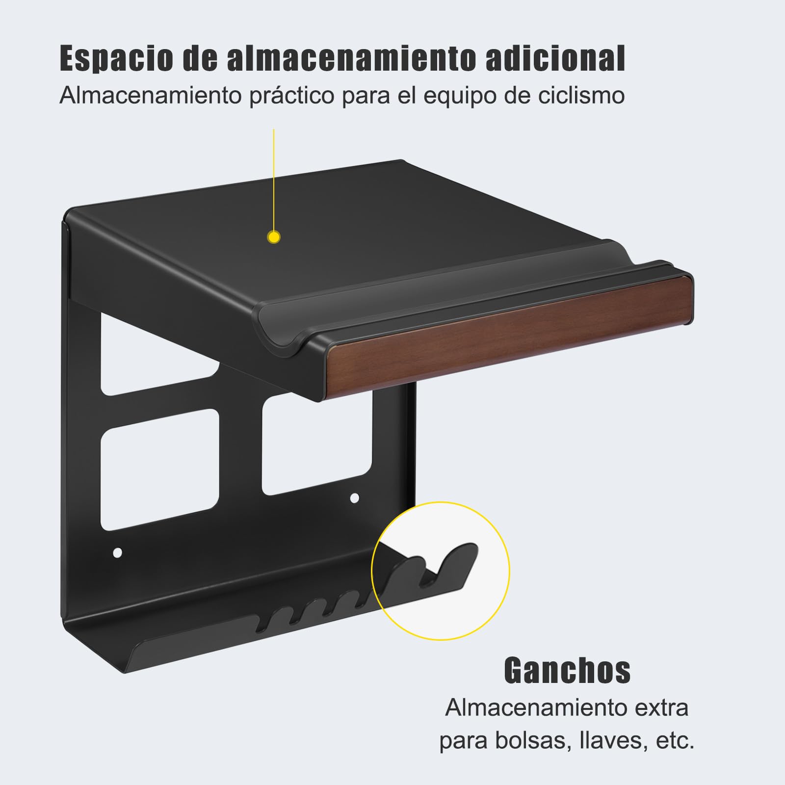 Mimoke Soporte de pared para bicicleta, soporte para garaje e interior, con estante y ganchos, diseño resistente con acolchado protector, ahorro de espacio