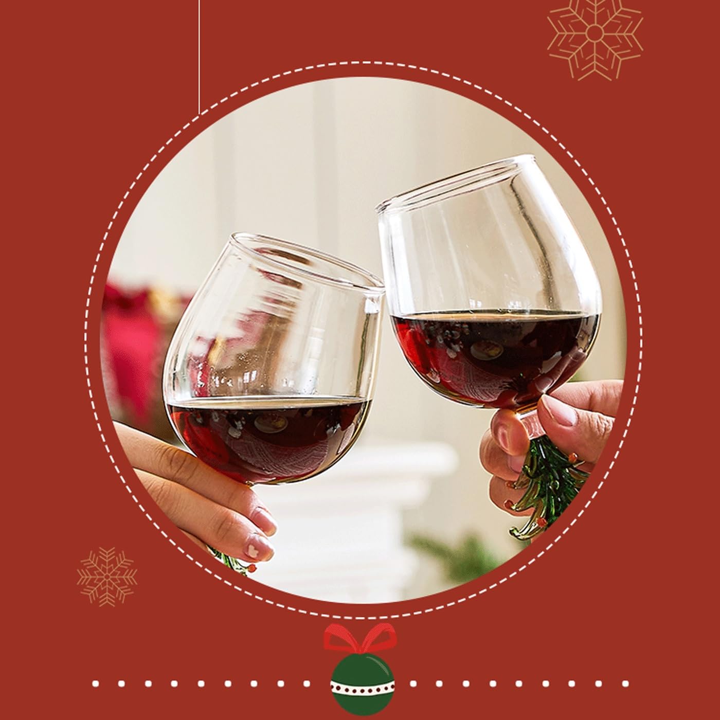 Verres à Vin De Noël Festifs - Verres à Pied Avec Motifs Père Noël, Houx Et Sapin - 450-500ml