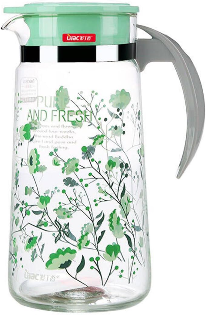 Glass Water Carafe Pitcher with Lid and Handle Quality Borosilicate Glass Hot & Cold Water Bottle for Homemade Juices Or Fruits Drinks,Iced Tea with Cute Flowers-48 oz