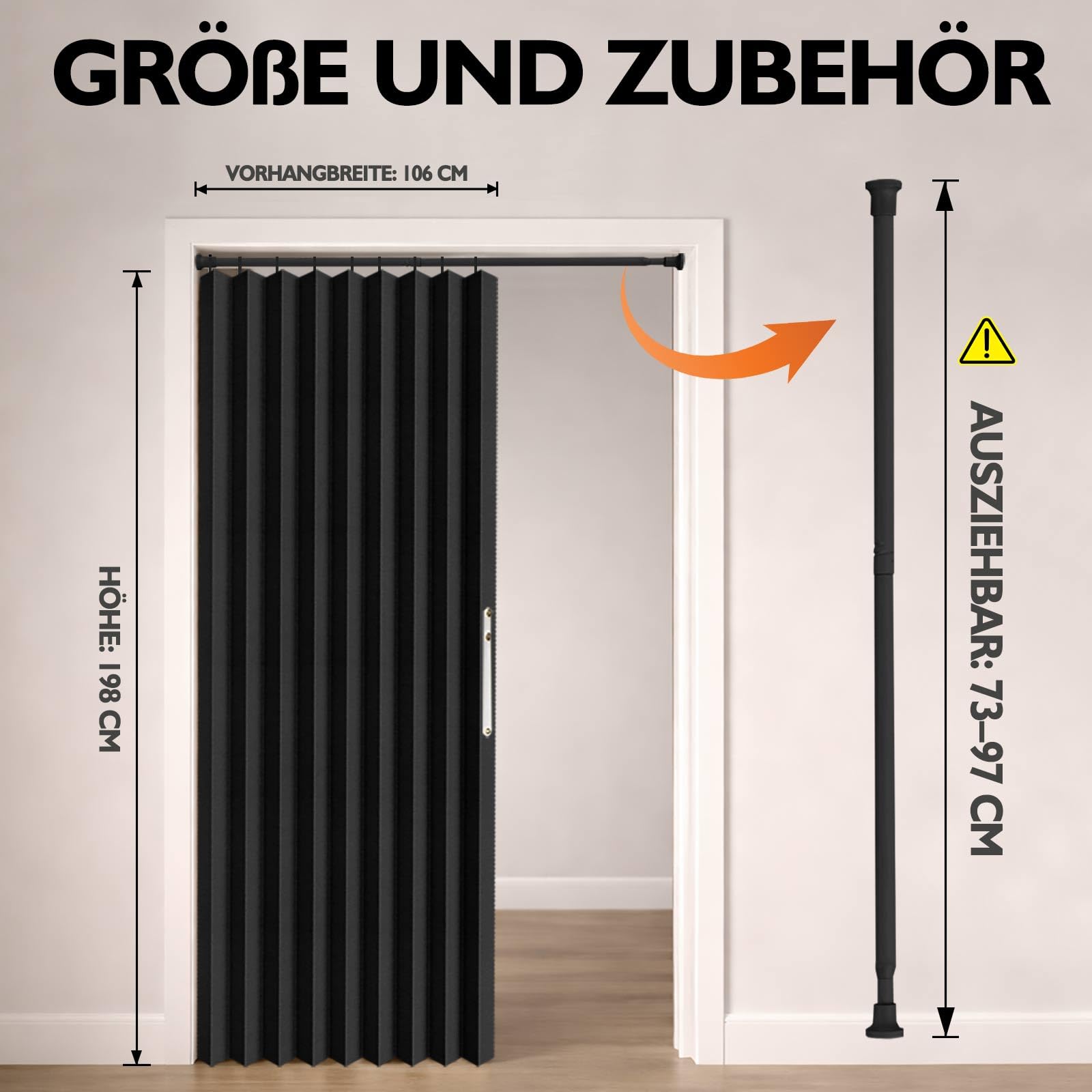 Jilron Facile da Installare: Tenda oscurante per porta con asta e chiusura magnetica senza forature (Nero - A198 x L106 cm) Confezione da 1