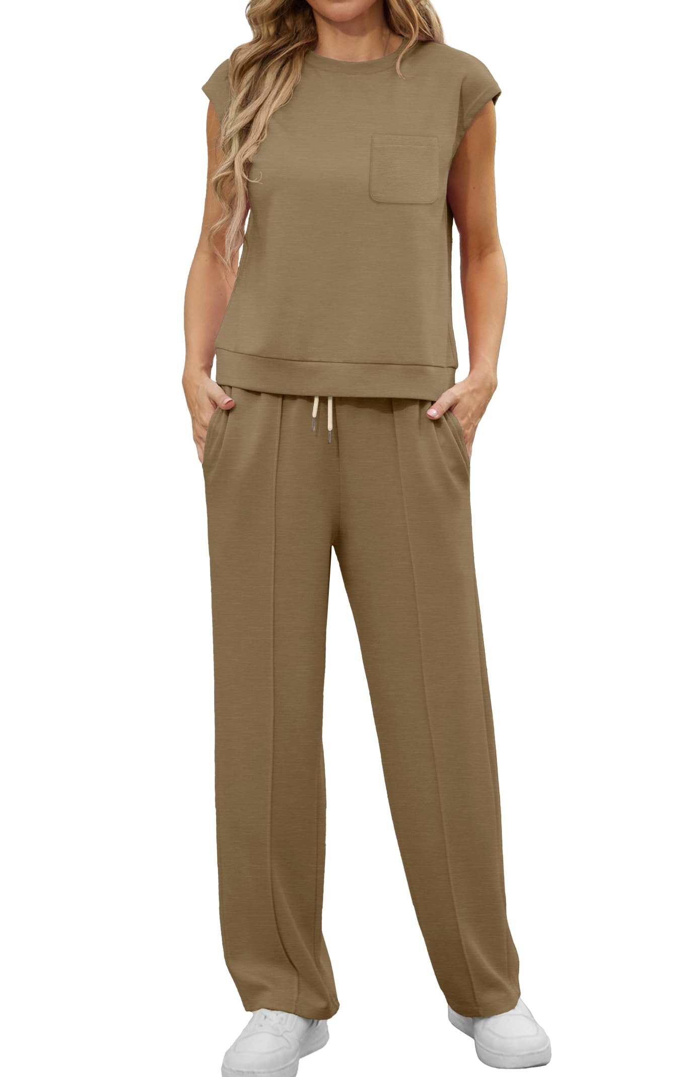 GRECERELLE Zweiteiler Trainingsanzug Damen Sommer Outfits Tracksuit Kurzarm Lässige Crew Neck Cap Sleeve Tops und Jogginghosen Trainingsanzüge mit Taschen