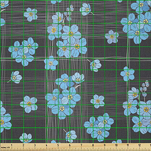 Image of Ambesonne Flower Fabric by The Yard, Forget Me Not Blossoms on a Dark Background with Grid Pattern Botany, Microfiber Fabric for Arts and Crafts Textiles & Decor, 1 Yard, Charcoal Grey Yellow