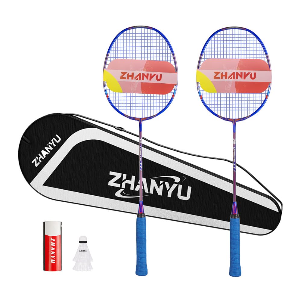 Badminton Racket,Badminton Racket Set,82 Gram Lightweight Carbon Fiber One-Piece Molded Durable Grade Racket,Including 2 Rackets,2 Nylon Shuttlecocks,And 1 Ball Bag (011 Blue)