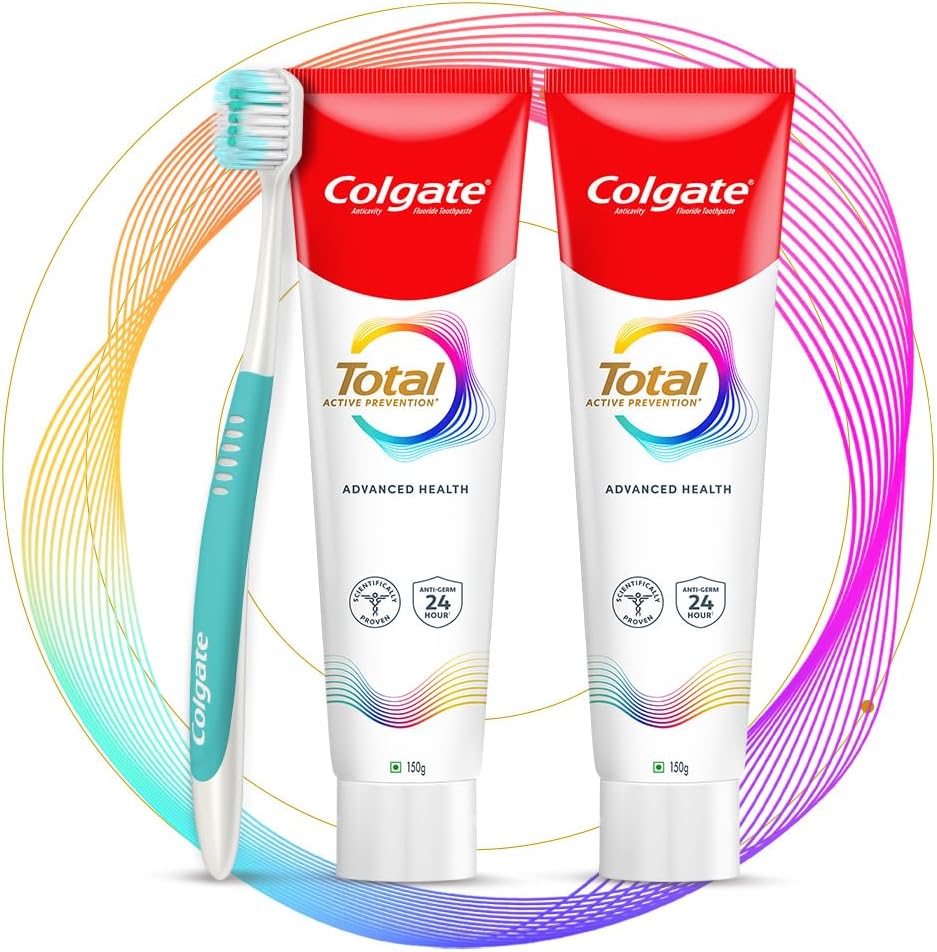 Colgate Total 300gm (2 x 150gm) Advanced Health Anti-Germ Toothpaste with Toothbrush, Tooth Paste with 12-Hour Anti-Germ & Enamel Protection, Whole Mouth Health (Combo Pack Offer)