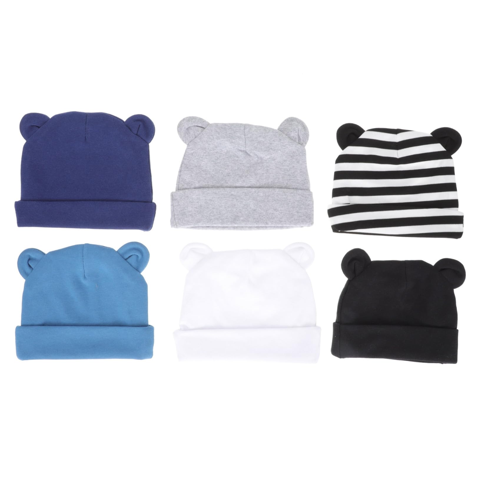 Beaupretty 6 Piezas Sombreros de Algodón para Bebés Conjunto Diseño de Orejas Gorras Unisex para Recién Nacidos Negro Gris Azul Marino Azul Vaquero Rayas Sombreros Transpirables y para
