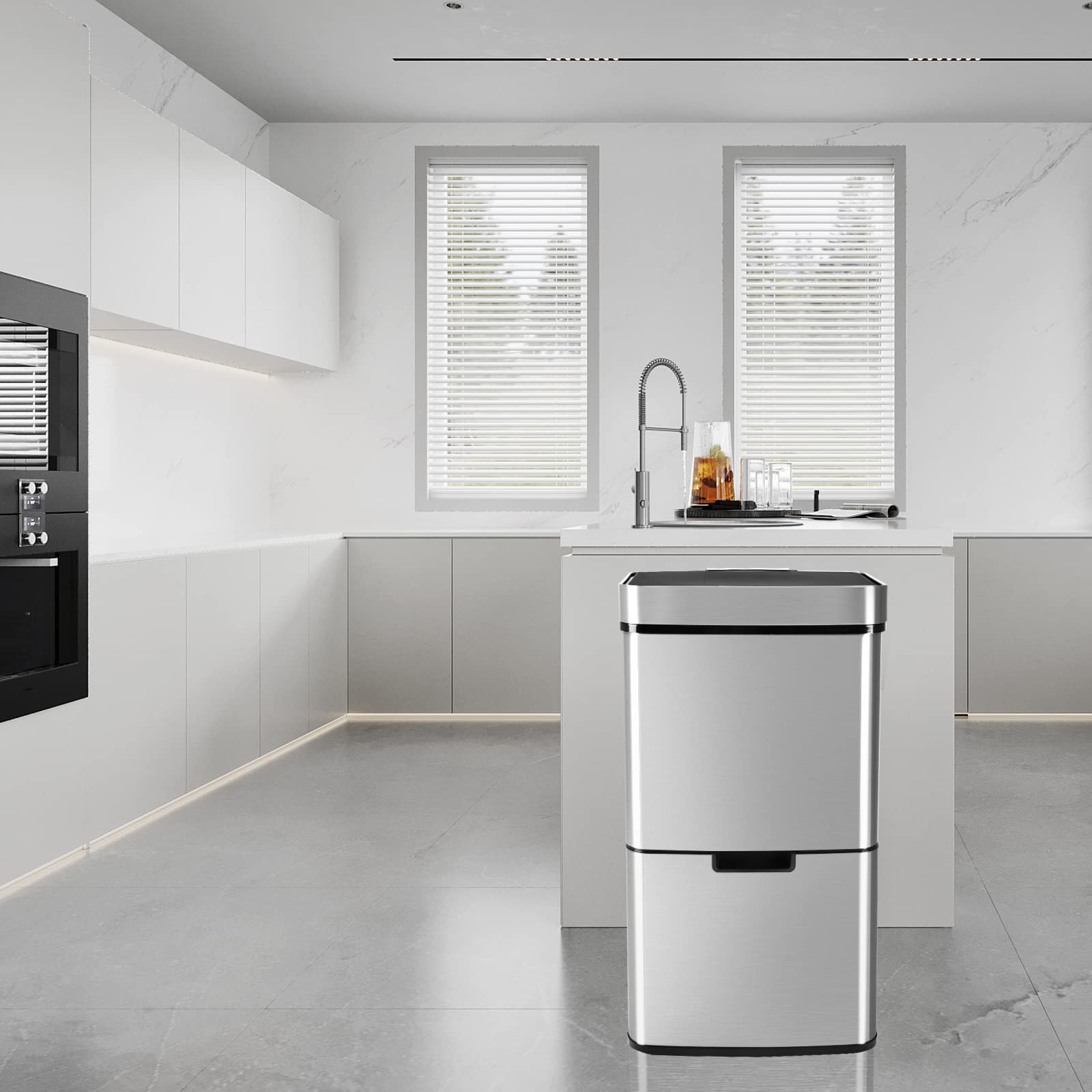 Gardtech Mülleimer Küche mit Sensor 62 Liter, Automatisch Edelstahl Abfalleimer mit 3 fächer Mülltrennsystem & Softclose Deckel, Geruchsdicht & Hygienisch, Volumen von 2 x 12.5L und 37L für Familie