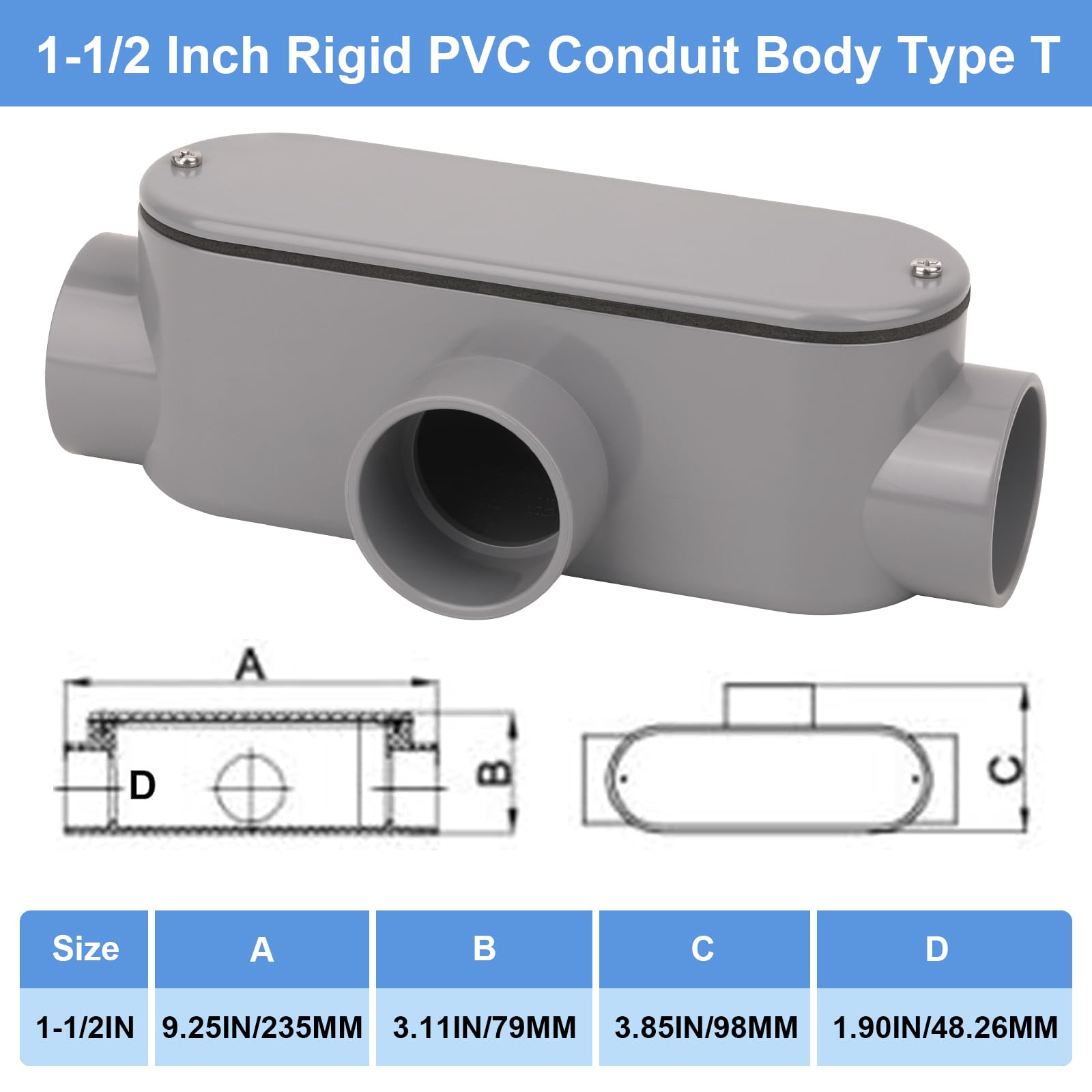 2Pack 1-1/2 Inch Rigid PVC Conduit Body Type T 1.50IN Slip x Slip PVC Conduit Bodies T Type with Cover and Gasket, Gray — Amazon image 2