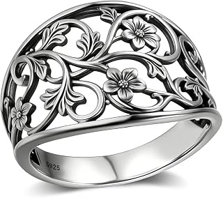 S925 Sterling Silver Oxidized Ring for Women, Vintage Floral Vine Filigree Openwork, Antique Carved Flower Statement Band, Boho Retro Style