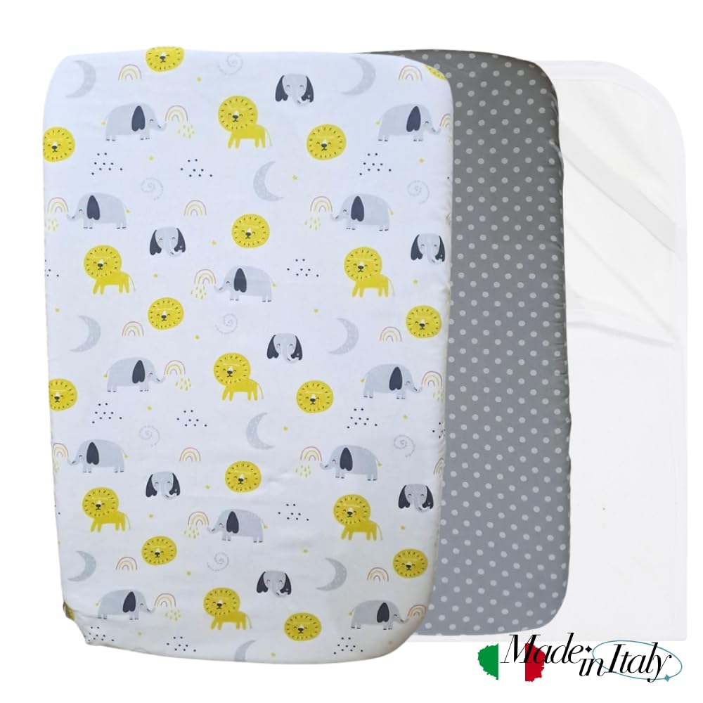 FlyIdeas Set 2 Lenzuola Navicella Neonato 75x35 cm + 1 Coprimaterasso Carrozzina Impermeabile – 100% Cotone – Traspirante, Morbido, Adatto per Culla e Passeggino (Elefantini)