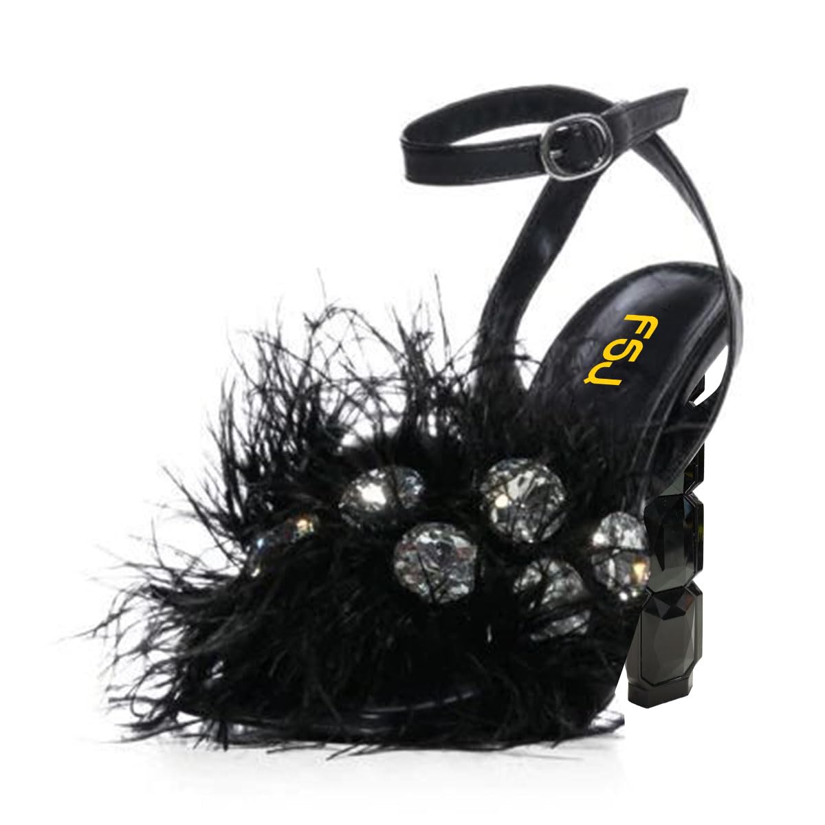 FSJ Women Crystal Chunky High Heel Sandals Open Square Toe Ankle Strap Buckle Clear Block Heel Fur Feather Cute Sparkly Dance Shoes Size 4-16 US