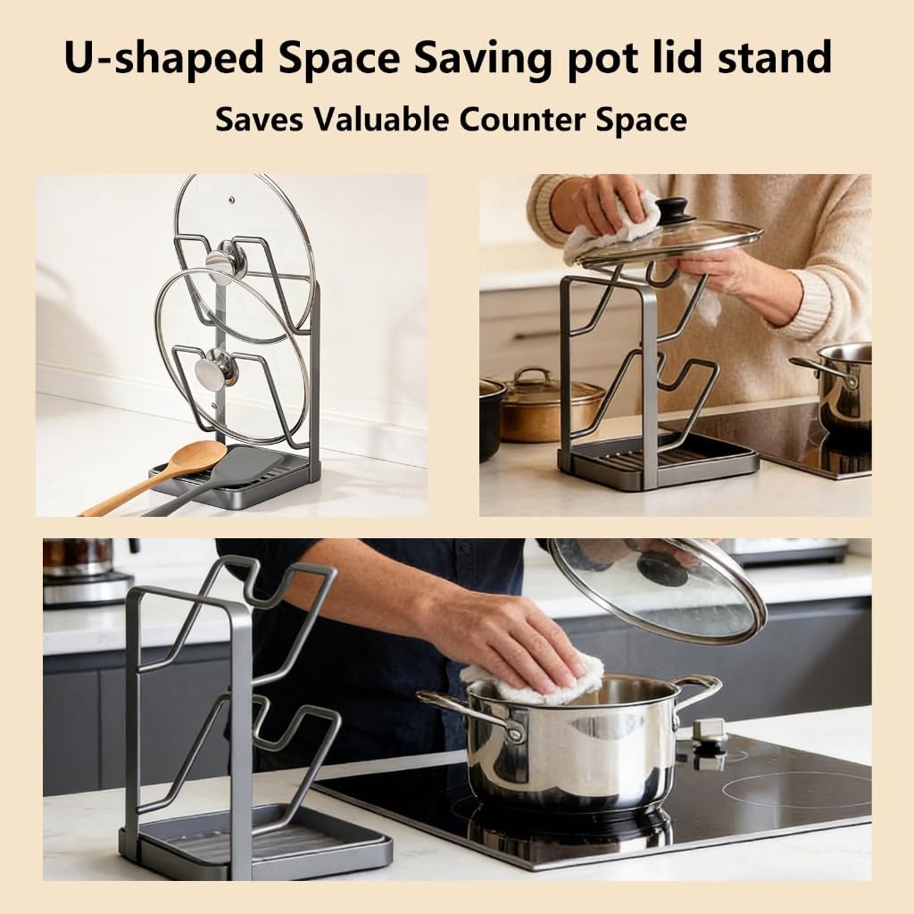 Pot Lid Organizer Rack, Kitchen Pot Lid Storage Rack, Carbon Steel 2-Tier Lids Holder with Detachable Drip Tray While Cooking, Pot Lid Holder Countertop, Multifunctional Space-Saving