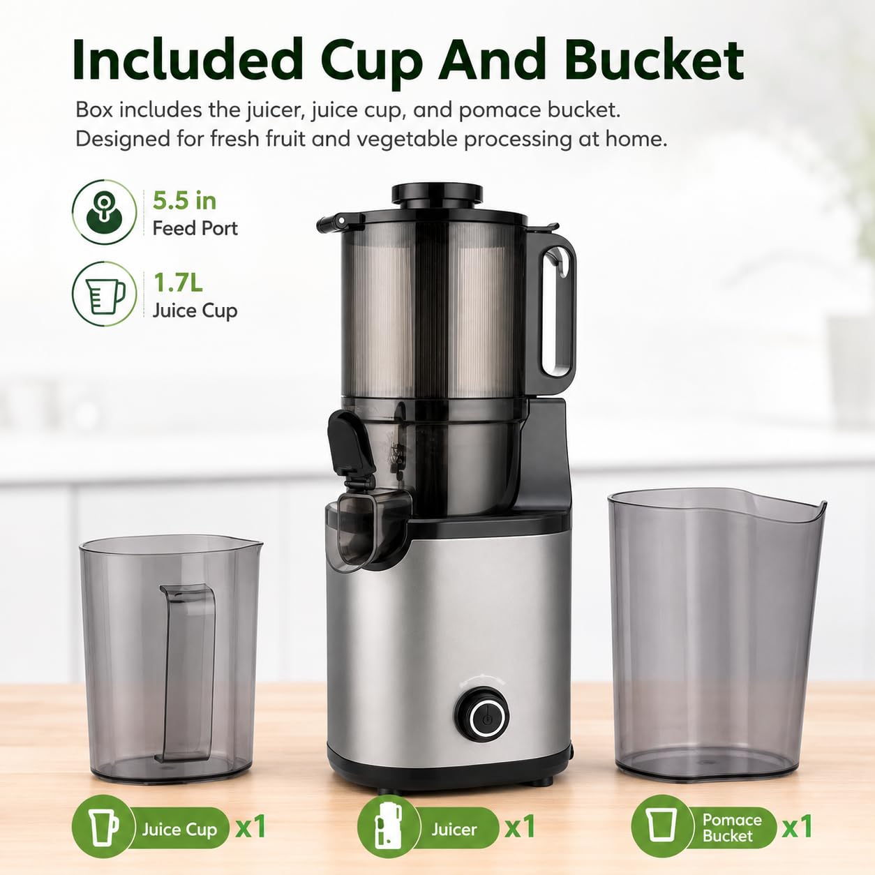 Presse-agrumes, port d'alimentation de 5,5 pouces, tasse de 1,7 L, 250 W