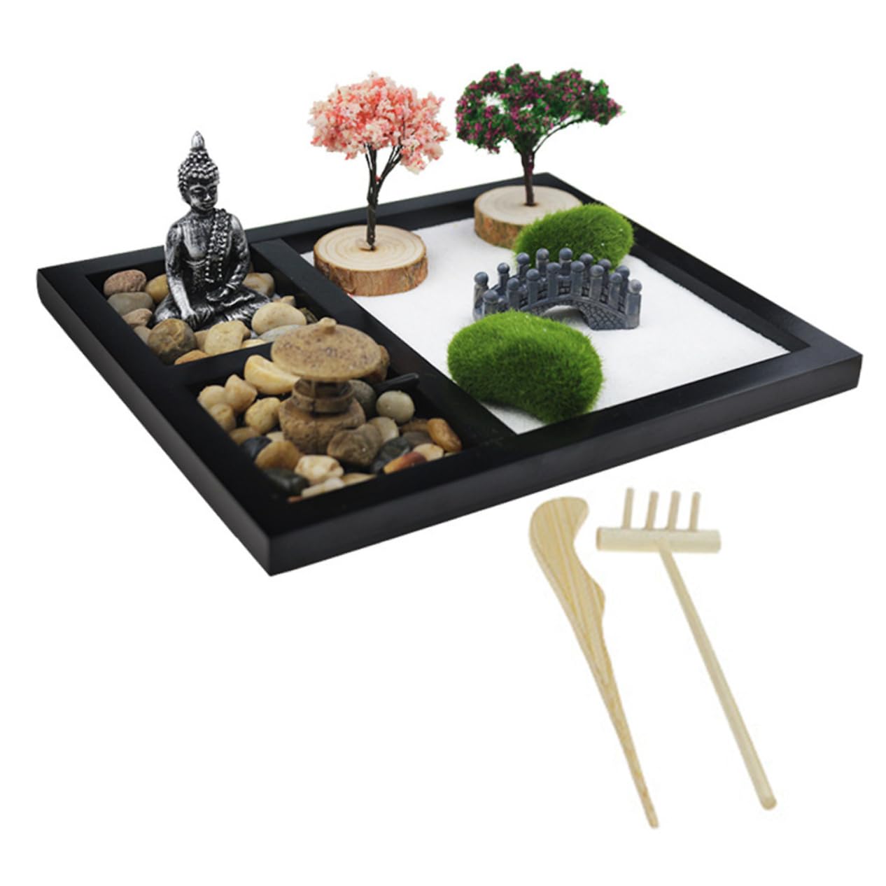 VANZACK 1Set Mini Zen Garden Japanese Style Desktop Sandbox Decor for Meditation Tranquility Compact Home Ornament for Office Living Spaces with Buddha Figure