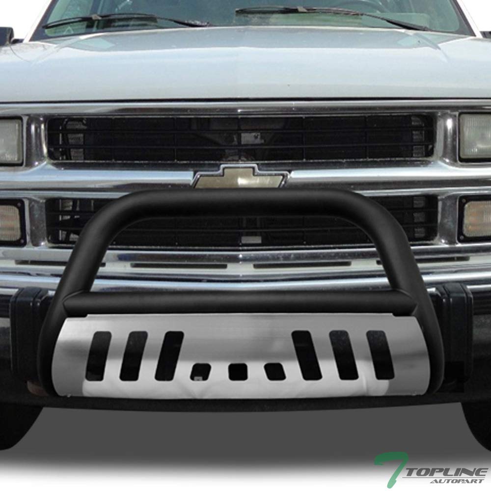 Matte Black Bull Bar Brush Push Front Bumper Grill Grille Guard With Brush Aluminum Skid Plate Compatible With 88-00 Chevy GMC C10 C/K Pickup/Suburban/Silverado Sierra/Tahoe Yukon